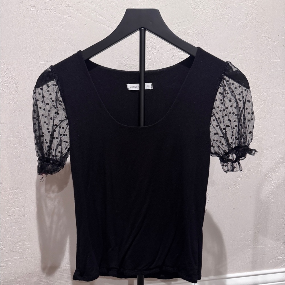 Elegant Black Top with Sheer Polka Dot Puff Sleeves
